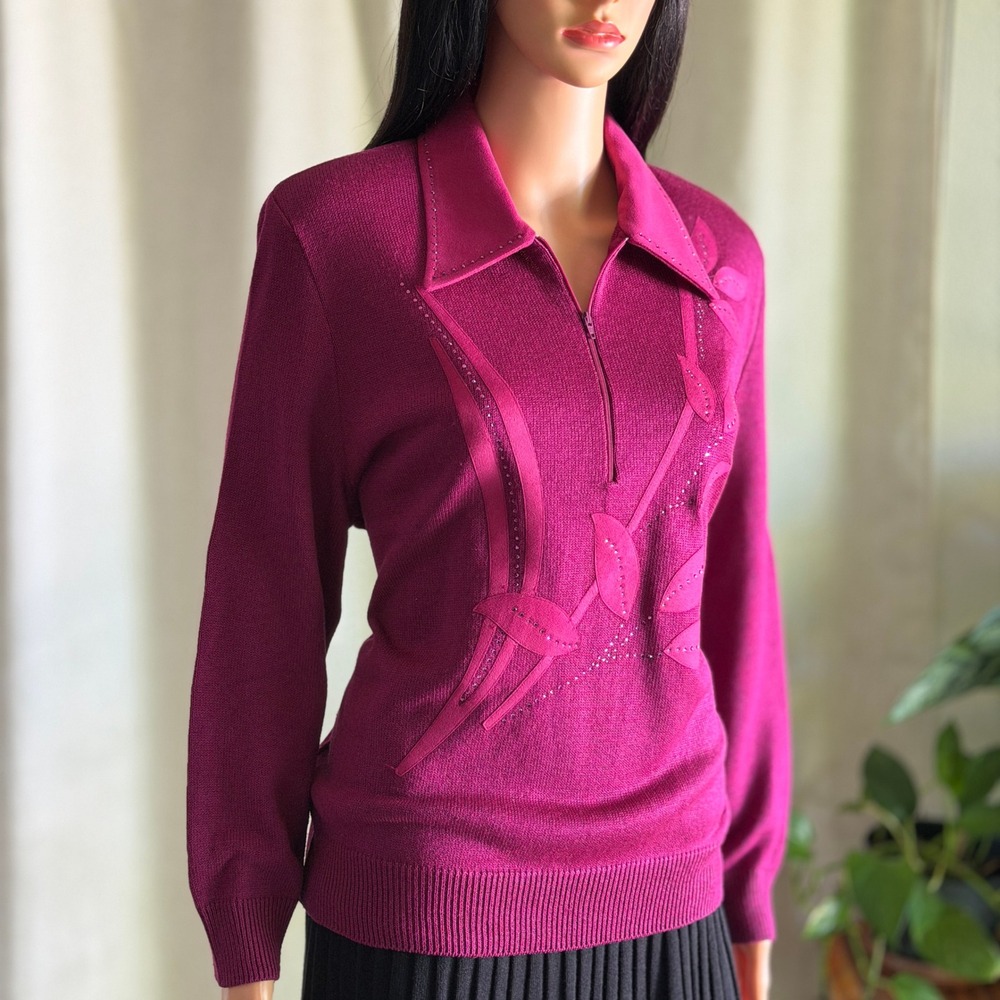 Vtg 90s Philippe Marques Magenta Floral Applique 1/4 Zip Knit Sweater 14 L Twee